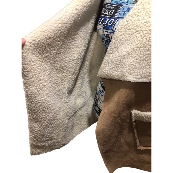 Tan Sherpa Lined Accent Open Front Vest Pockets Warm Cozy Snow Boho Sz L/XL - Picture 5 of 13